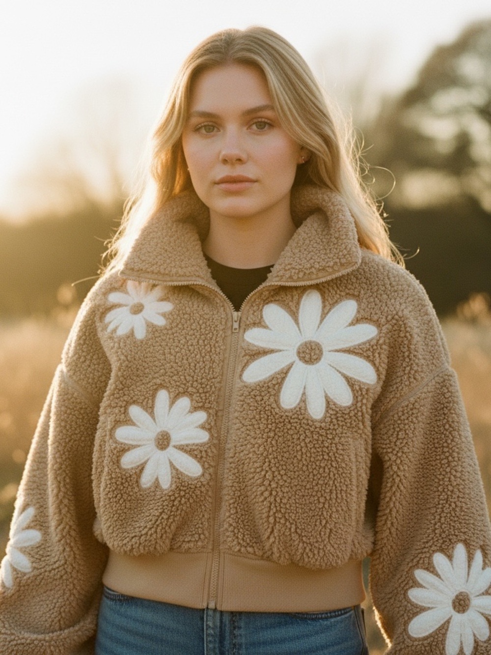 SO // Cropped Teddy Jacket with White Daisy Appliqués // Beige